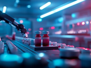 Robotic arm skillfully places a single pharmaceutical bottle onto a conveyor belt in a well-lit automated production facility. Copy space available on left side