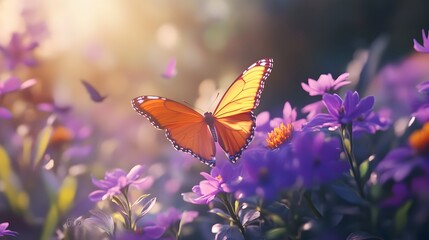 Obraz premium A close-up of a bright orange butterfly perched on a vibrant purple flower, with the sunlight illuminating its wings