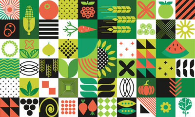 Agricultural background with rustic plants, fruits, vegetables. Geometric mosaic pattern.
