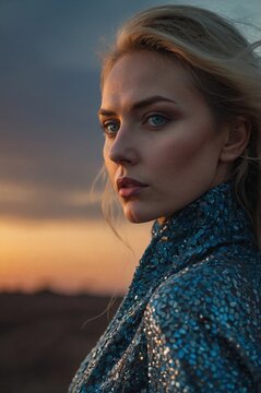 Stunning portrait of a woman at sunset in a shimmering coat