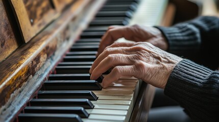 Obraz premium Elderly person playing piano indoors in a cozy setting with warm lighting