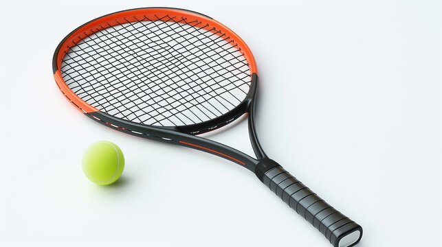 A tennis racket and ball isolated on a white background, with the strings clearly visible. - Powered by Adobe