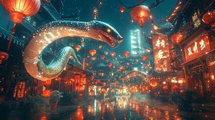 Fototapeta premium Enchanted Street with Glowing Snake and Lanterns
