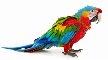 Obraz premium A vibrant parrot with colorful feathers, isolated on a white background, showing off its brilliant blue, green, and red plumage.