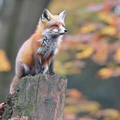 Naklejka premium Red Fox Perched on a Stump in Autumnal Woods