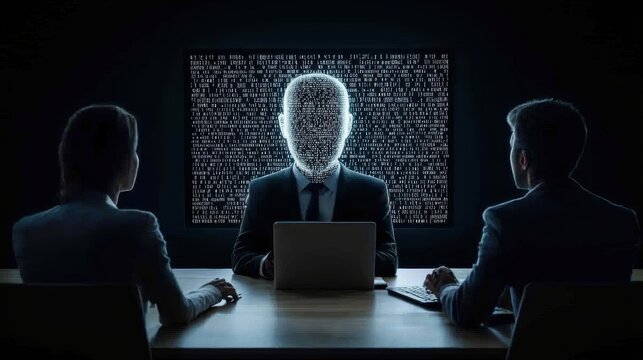 A digital meeting scene with two people facing a figure whose face is represented by binary code on a dark background.