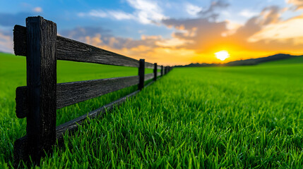 Fototapeta premium A serene sunset over a lush green field, framed by a wooden fence, creating a peaceful rural landscape.