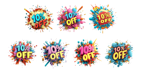 Pack PNG of a vibrant comic-style explosion with bold text 10 OFF set against transparent background