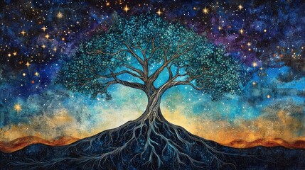 Mystical teal tree with exposed roots against a vibrant starry night sky.