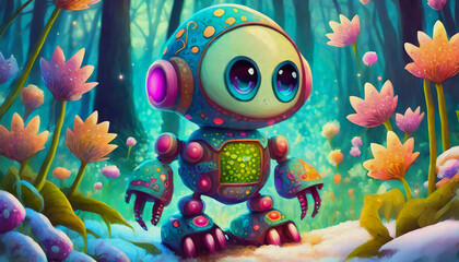 oil painting style cartoon character illustration multicolored Little robot outdoors in forest