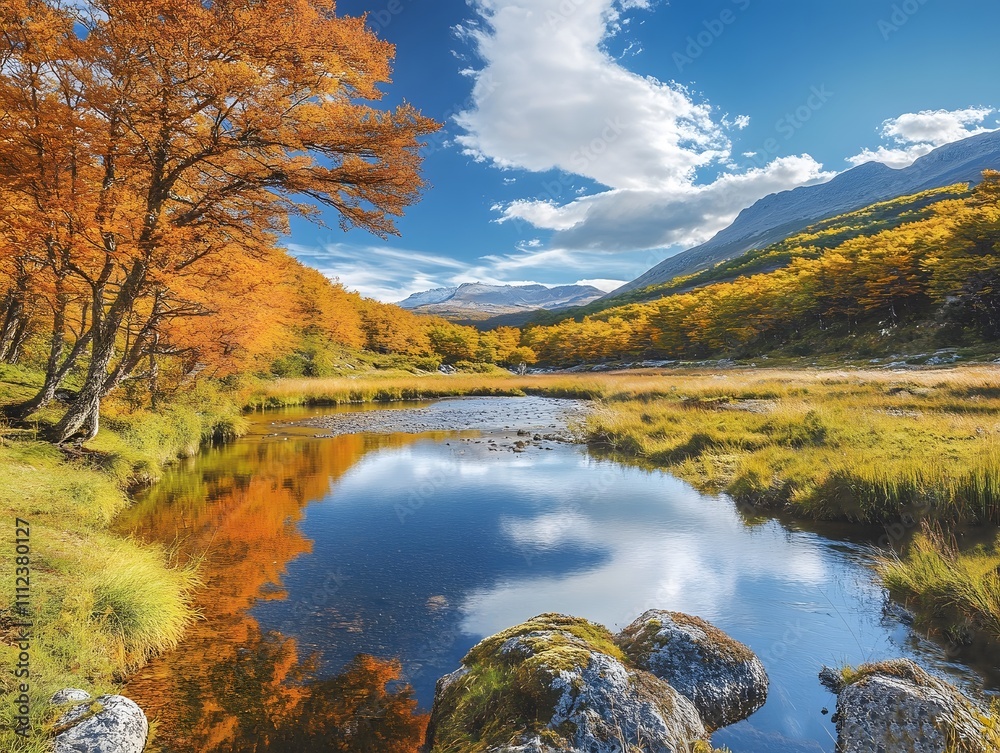 Poster serene autumn landscape with colorful trees reflecting in calm water under clear blue sky and fluffy
