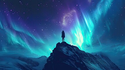 Solitary Figure Gazing at the Aurora Borealis