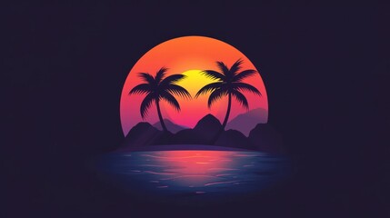 Obraz premium A vibrant sunset over a tranquil beach with palm trees and rocky silhouettes.