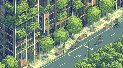 Lush green isometric city street with eco-friendly apartment buildings, cyclists, and pedestrians.