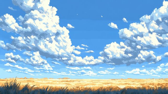 A pixelized abstract landscape of a vast plain under a cloudy sky, with pixel clouds drifting in a light breeze