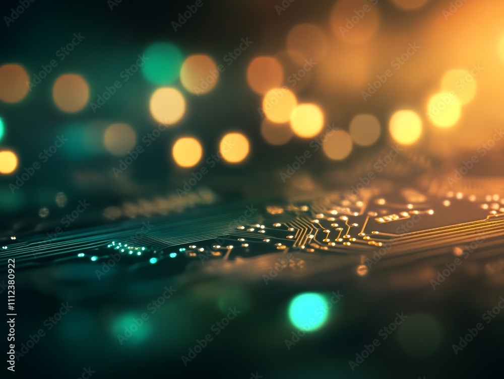 Poster A straight-on view showcases vibrant binary code layered over a blurred circuit board, enhanced by green and blue bokeh lights adding a dynamic depth