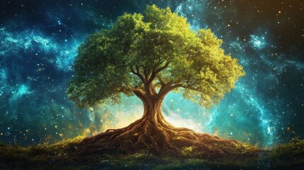 Majestic tree of life glowing with cosmic energy against a nebula backdrop.