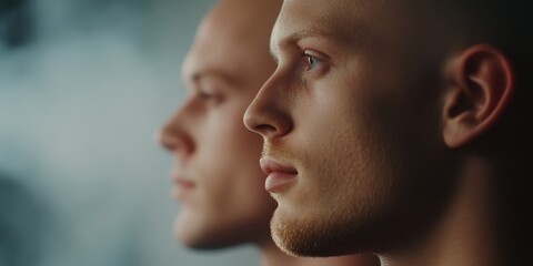 Fototapeta premium Minimalist Profile Portrait of Two Bald Men in Dramatic Light