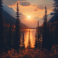 Serene Autumn Sunset Over a Mountain Lake and Pines