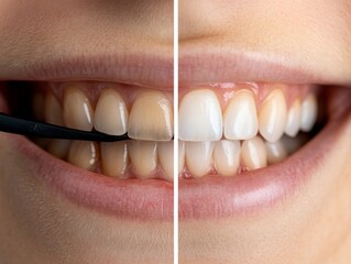 Close-up view highlights a smile transformation, comparing discolored teeth on one side and brilliantly white teeth after treatment on the other side