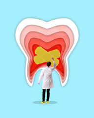 Contemporary art collage. Dentist in white coat exploring layers of tooth in cutaway view,...