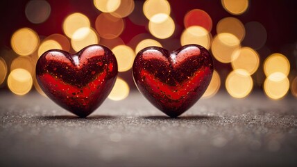 Obraz premium Two red Valentines hearts over defocused holiday lights. Valentine’s day greeting