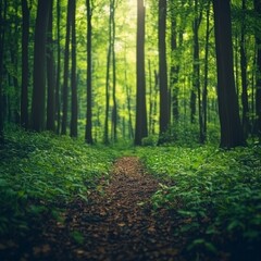Fototapeta premium Serene Forest Path Sunlight Through Canopy Trees