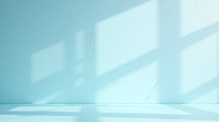 A bright and spacious empty room, filled with soft aquamarine light, creates a sense of calm and serenity. A backdrop for product demonstrations, website design, and advertising materials.