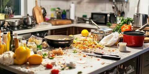 A kitchen with spilled ingredients and messy countertops, showing a chaotic cooking experience.