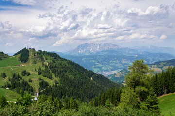 Cable car gondola on top of the Gernkogel Mountain from Sonntagskogel in Alps, Sankt Johann im Pongau district, Salzburg federal state, Austria, sunny summer day © josefkubes