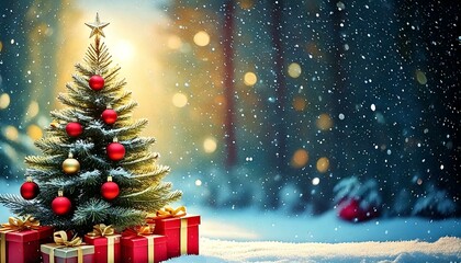 Obraz premium Winter, Christmas background with a Christmas tree decorated with red baubles and gifts lying under it. A winter forest in the background