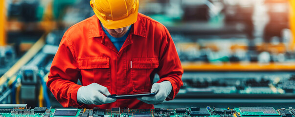 Battery replacement and warranty concept. Worker inspecting circuit boards in a manufacturing facility.