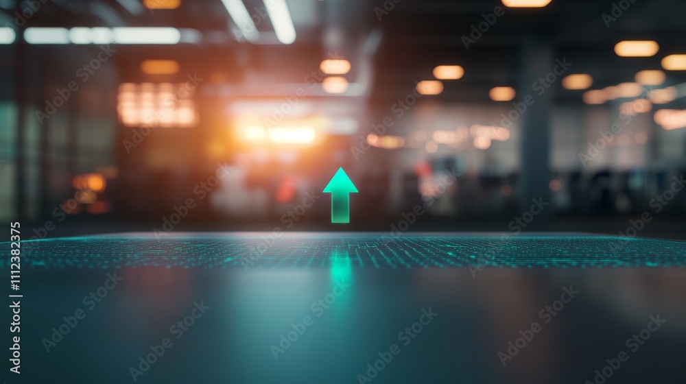 Poster A single bright green arrow radiates on a smooth digital surface, directing upward amid a dark backdrop with subtle geometric patterns, offering ample copy space