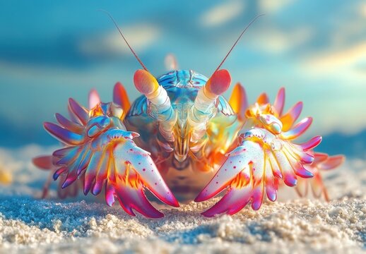Vibrant and Colorful Marine Creature Close-Up, Showcasing the Unique Features of a Beautifully Colored Crab Against a Soft Beach Background with Gentle Ocean Vibes