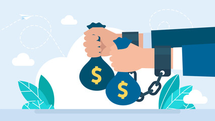 Bribe, handcuffs, corruption, prison, crime. Anti corruption concept. Handcuffs on hands. Bags of cash money in hands bound by shackles chain, corruption and bribery conceptual. Vector illustration