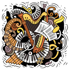 Cartoon vector doodles Classic music illustration. Funny detailed, with lots of objects background.