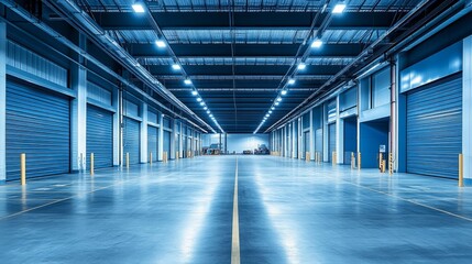 Fototapeta premium A high-resolution image of a modern warehouse with a bold blue-and-white design and a series of functional loading bays