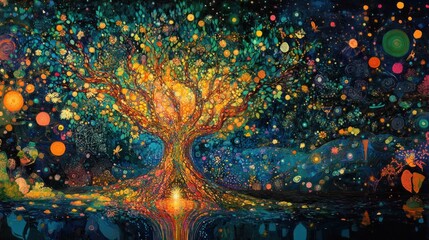 Glowing mystical tree of life with colorful lights and nebula.