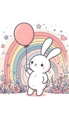 Obraz premium A cute white rabbit with large blue eyes and a bow tie sitting in a whimsical landscape with rainbows, flowers, and a large hot air balloon in the background.