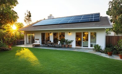 Sustainable living in modern home with solar energy, open doorway to cozy interior and sunny terrace for relaxation. Bright sunlight over lush green lawn enhances eco-friendly lifestyle.