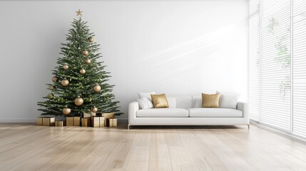 A modern living room featuring a beautifully decorated Christmas tree, a cozy white sofa, and warm wooden flooring, creating a festive atmosphere.