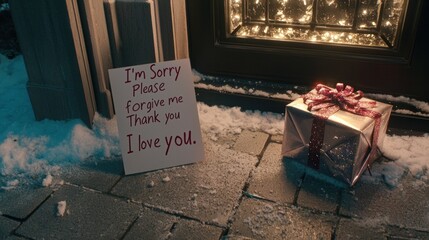 A heartfelt apology note beside a gift, surrounded by snow and festive lights, conveying love and gratitude.