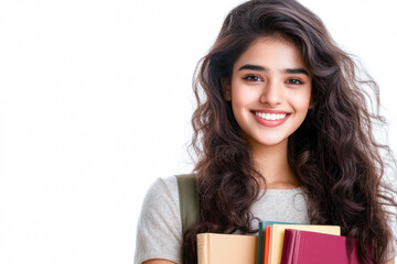 Fototapeta premium Indian female student smiling and holding books, on a white background.