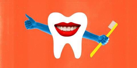 Contemporary art collage. Tooth with smiling red lips, blue hands giving thumbs-up, and holding toothbrush against orange background. Concept of dental health, clinic, treatment. Ad.