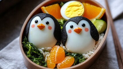 Whimsical Penguin Bento Box: Playful Rice, Colorful Veggies, Boiled Egg, and Citrus Delights in an Artistic Arrangement