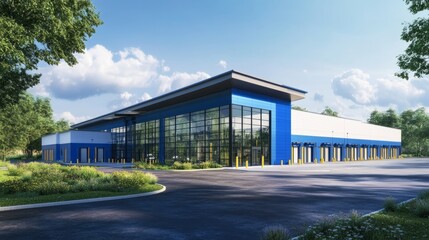 Obraz premium Exterior of a sleek, modern warehouse in blue and white, featuring multiple roll-up loading bays and a large paved lot
