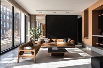 Fototapeta premium Modern Living Room with Black Wall, Brown Sofa and Coffee Table. Minimalist Style Enhanced by Natural Lighting on Grey Concrete Floor
