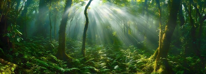 A dense forest in the early morning light, with beams of sunlight streaming through the trees and a carpet of moss and ferns on the ground