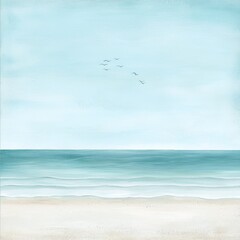Serene seascape painting; calm ocean, sandy beach, birds flying.