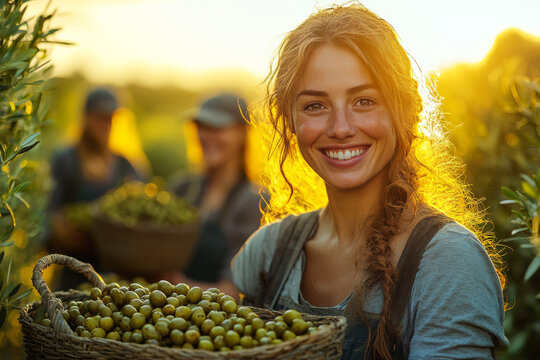 In a sun-drenched olive grove, a joyful woman farmer with workers gathering ripe olives, filling baskets with the harvest